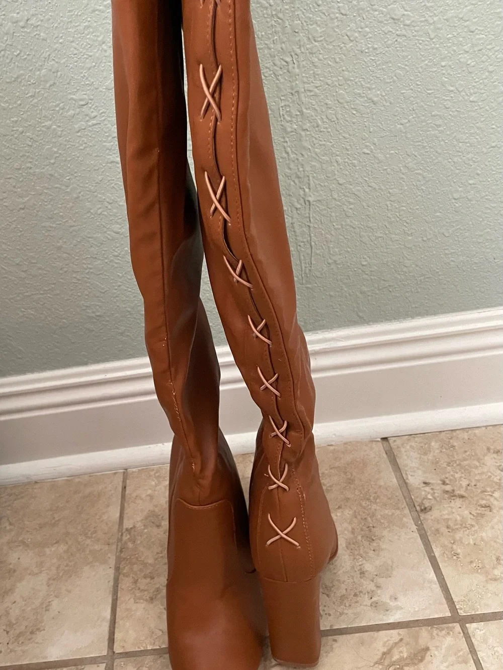Over-the-Knee Lace-Up Tan Block Heel Boots